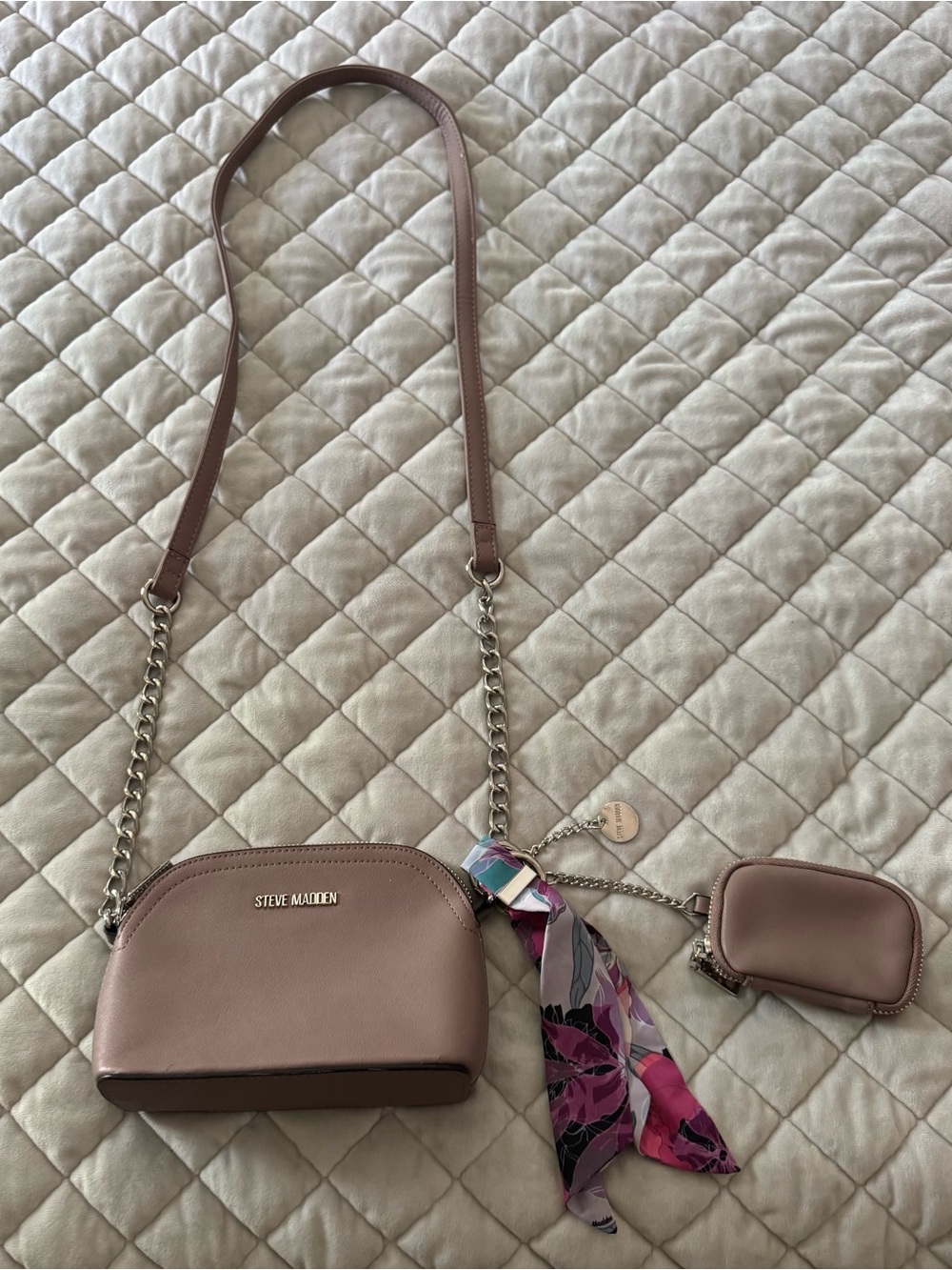 Steve Madden Dusty Mauve Crossbody Bag with Scarf and Chain